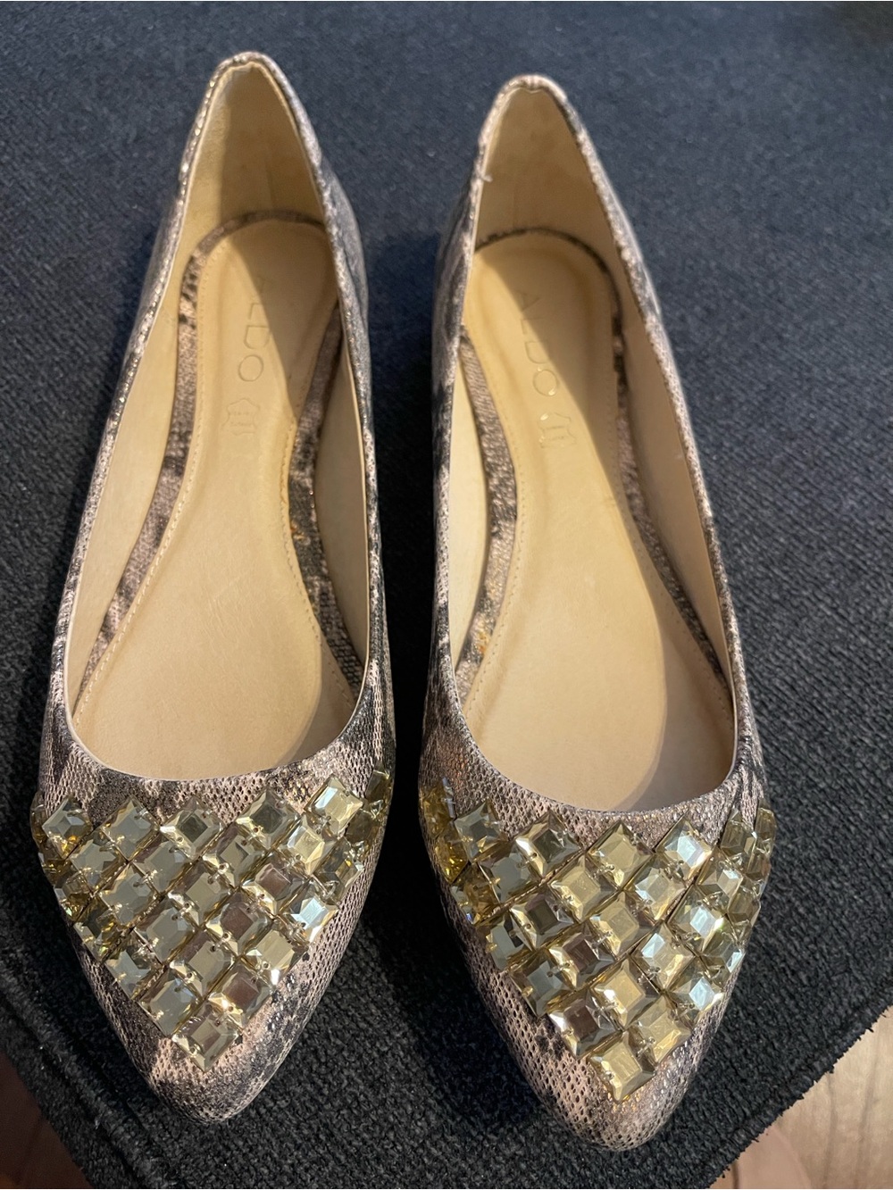 Aldo Champagne Snake-Print Pointed Flats with Gold Gem Accents
